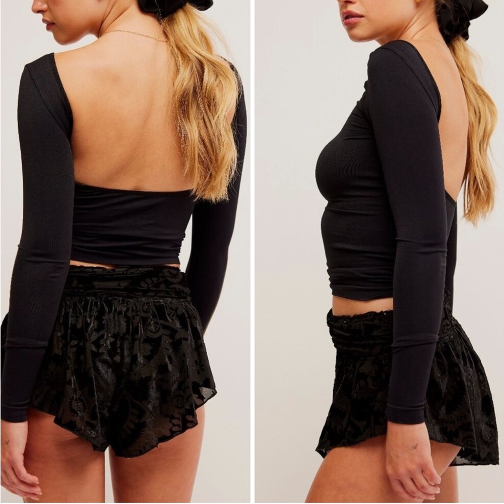 FREE PEOPLE Snow Angel Micro Shorts Floral Velvet Black Jacquard High Waist